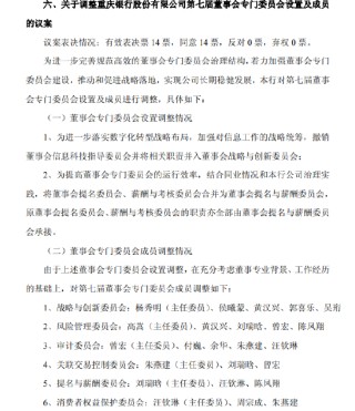 重庆银行：调整董事会专门委员会设置及成员