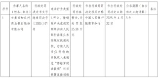 甘肃西和农村商业银行被罚25.36万元：开立、撤销账户未在规定期限内向人民银行备案等