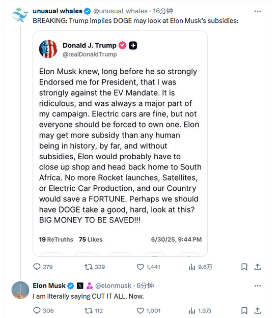 特朗普炮轰马斯克：没有补贴你早就回南非了！马斯克回应：全部削减，就现在！  第2张